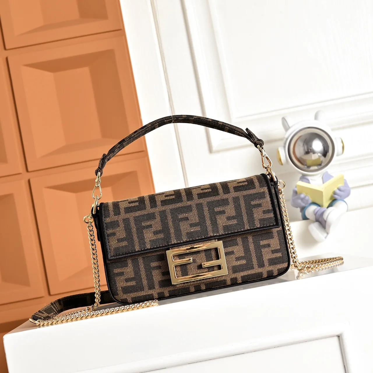 Fendi Baguette FF-Monogram Chain-Strap Flap Bag in Brown · view 1