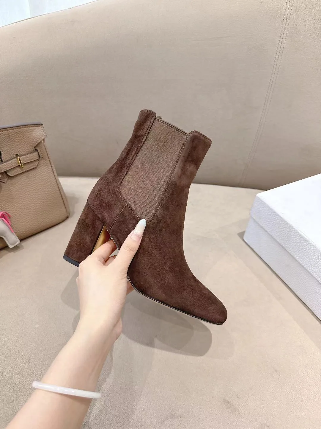 Dior Suede-Look Square-Toe Ankle Boots in Brown · view 6