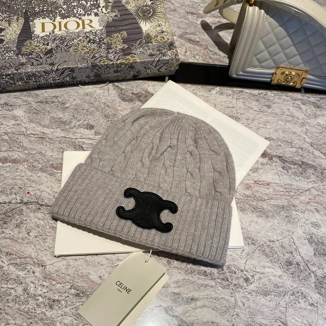 Celine Cable-Knit Triomphe Beanie in Pink & Black & White & Grey & Tan & Blue & Burgundy · view 6