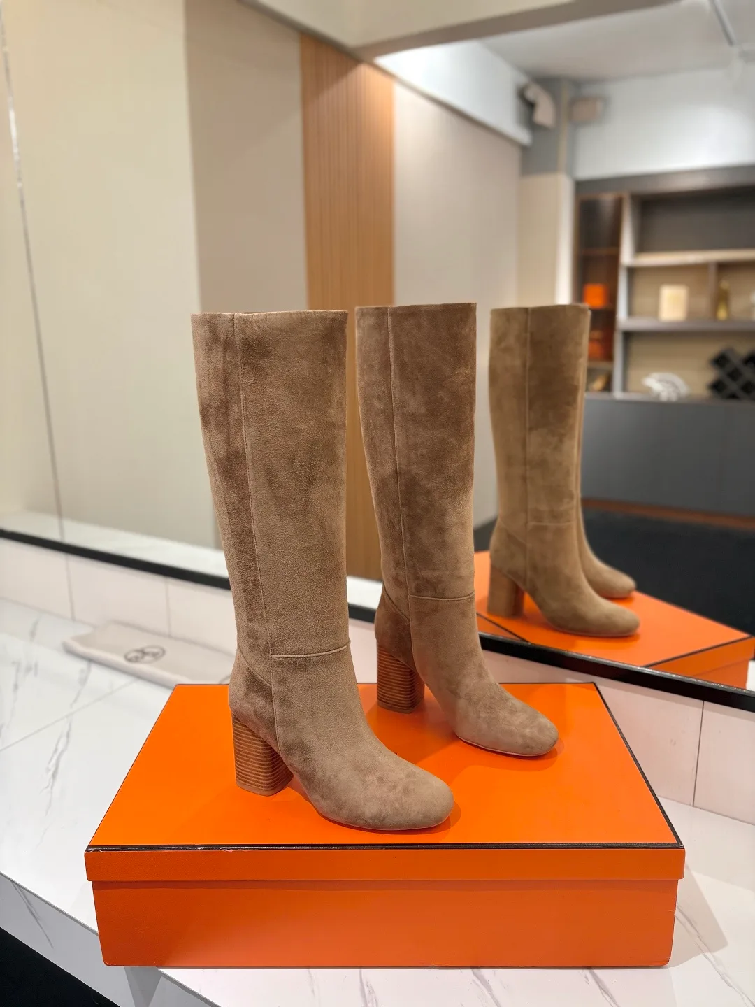 Hermes Cowhide Knee-High Boots in Grey · view 1