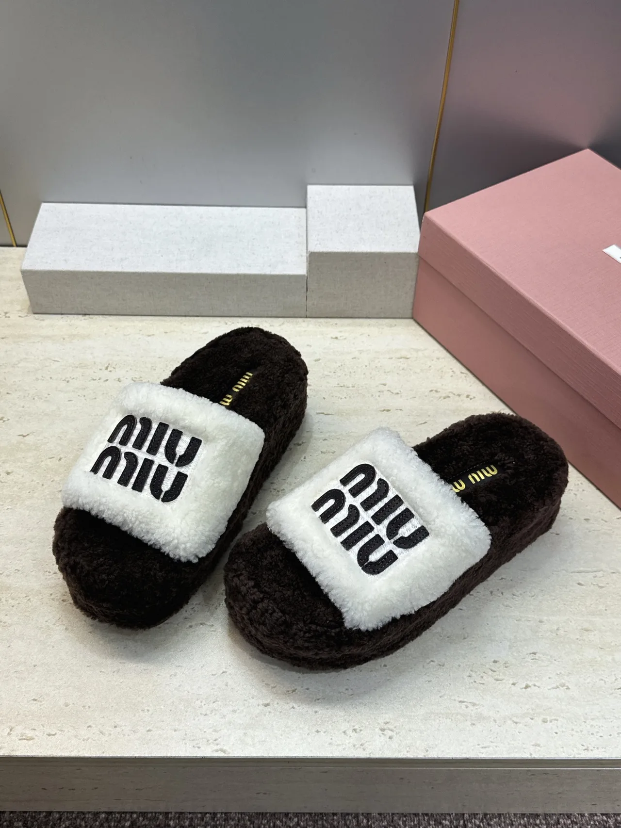 Miu Miu Plush Slide Sandals in Brown · view 3