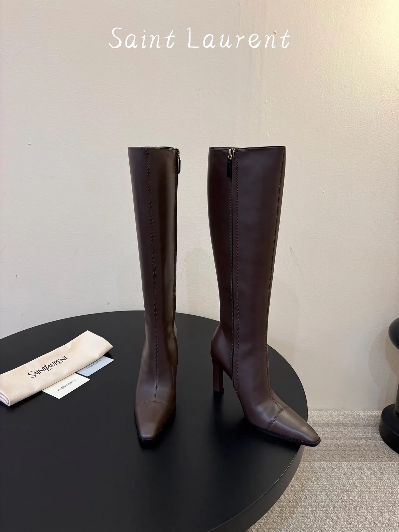 Saint Laurent Cowhide Sheepskin Glossy Pointed-Toe Knee-High Boots in Brown · view 2