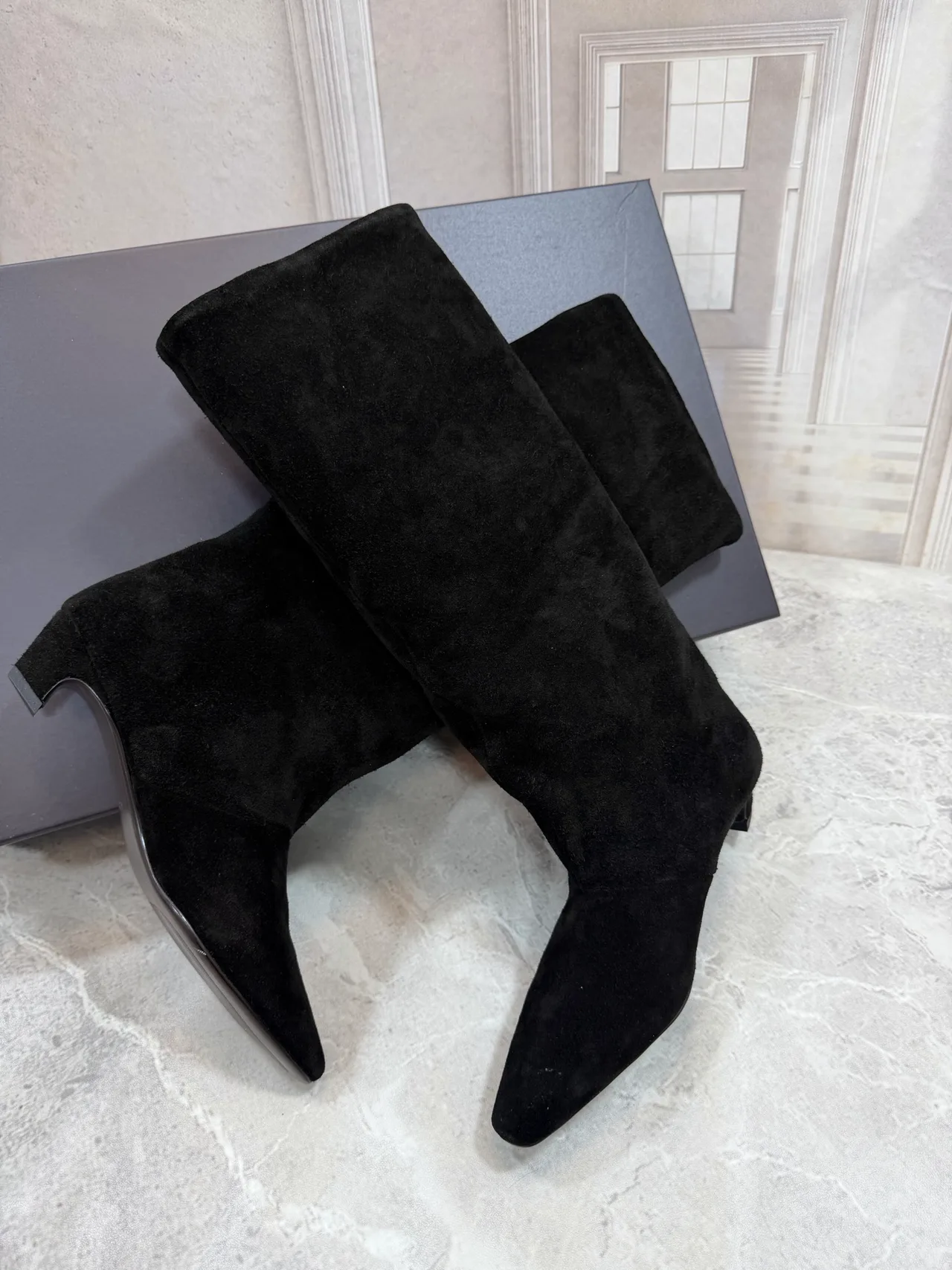 Suede-Look Pointed-Toe Knee-High Block-Heel Boots in Black · view 4