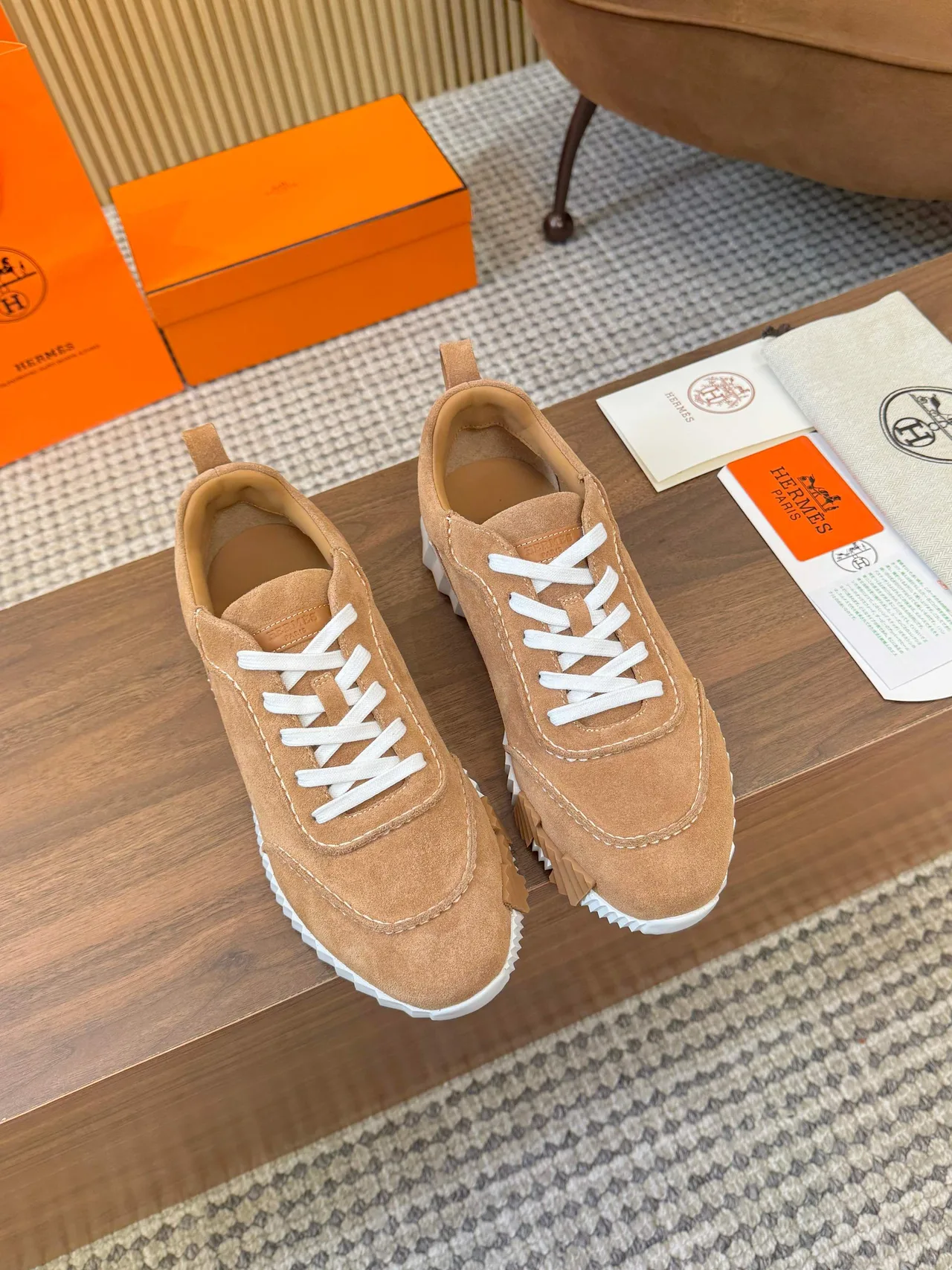 Hermes Panelled Sneakers in Tan · view 5