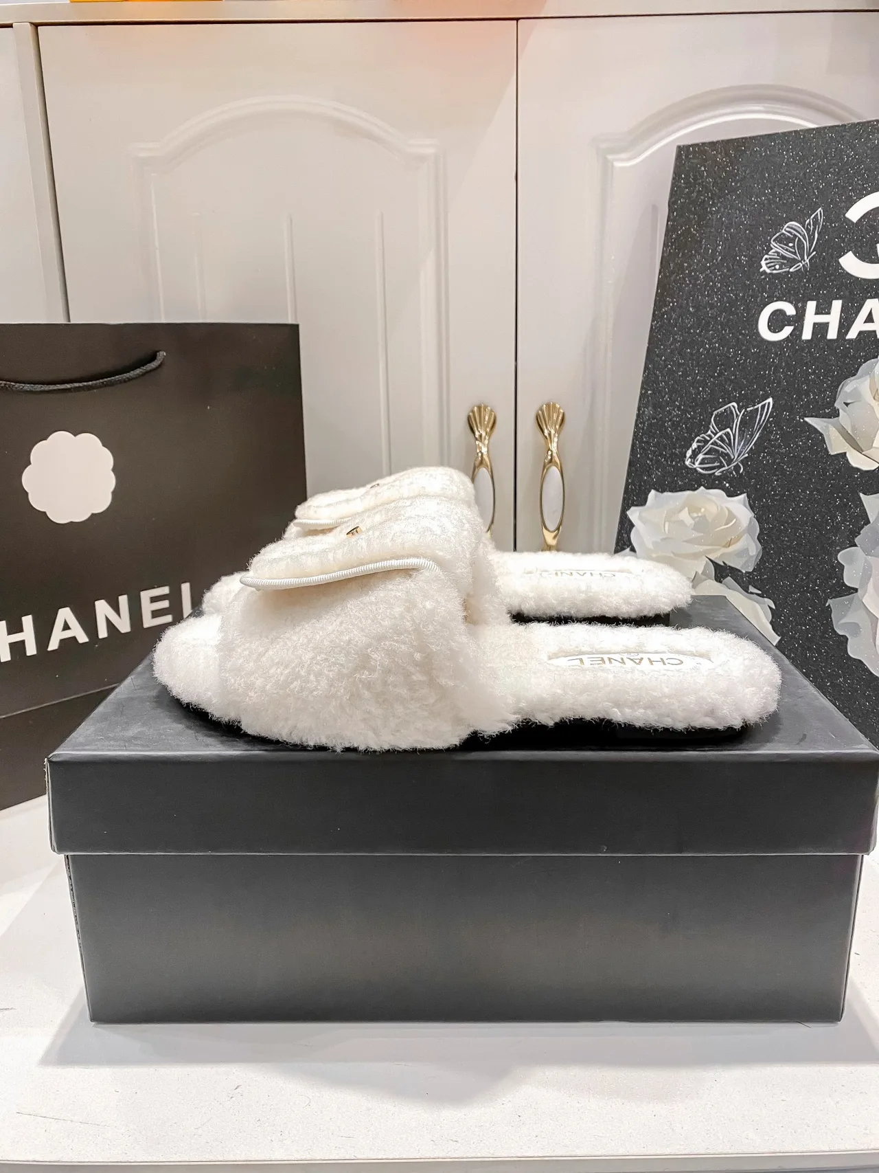 Chanel Faux-Fur Slippers in Black & White & Beige · view 6