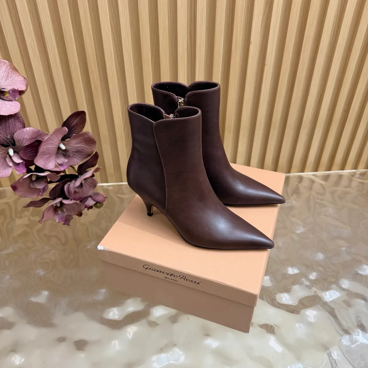 Gianvito Rossi Smooth Pointed-Toe Pointed Ankle Boots in Brown · view 1