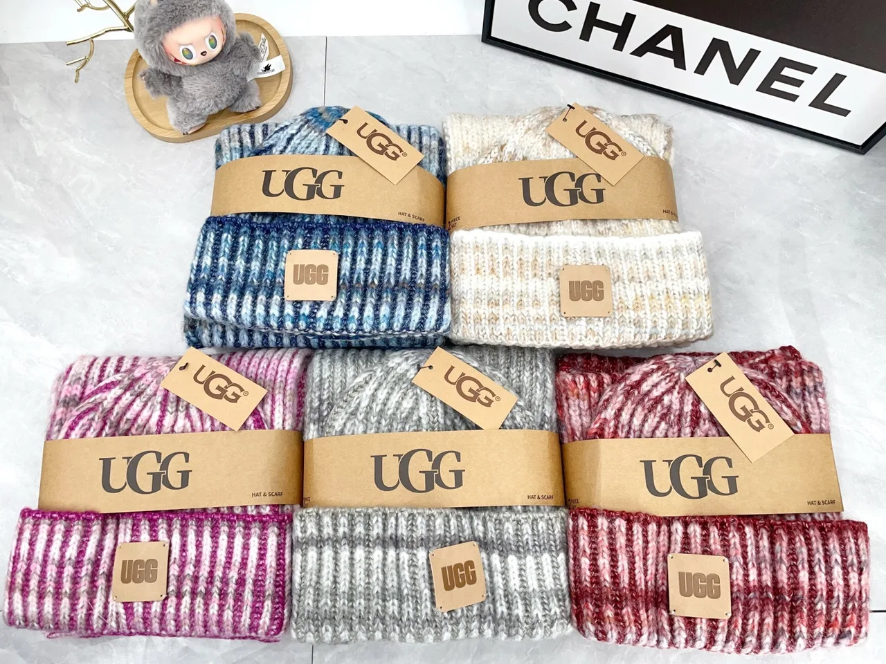 UGG Hat and Scarf Set in Grey / Blue / White / Pink / Burgundy · view 2