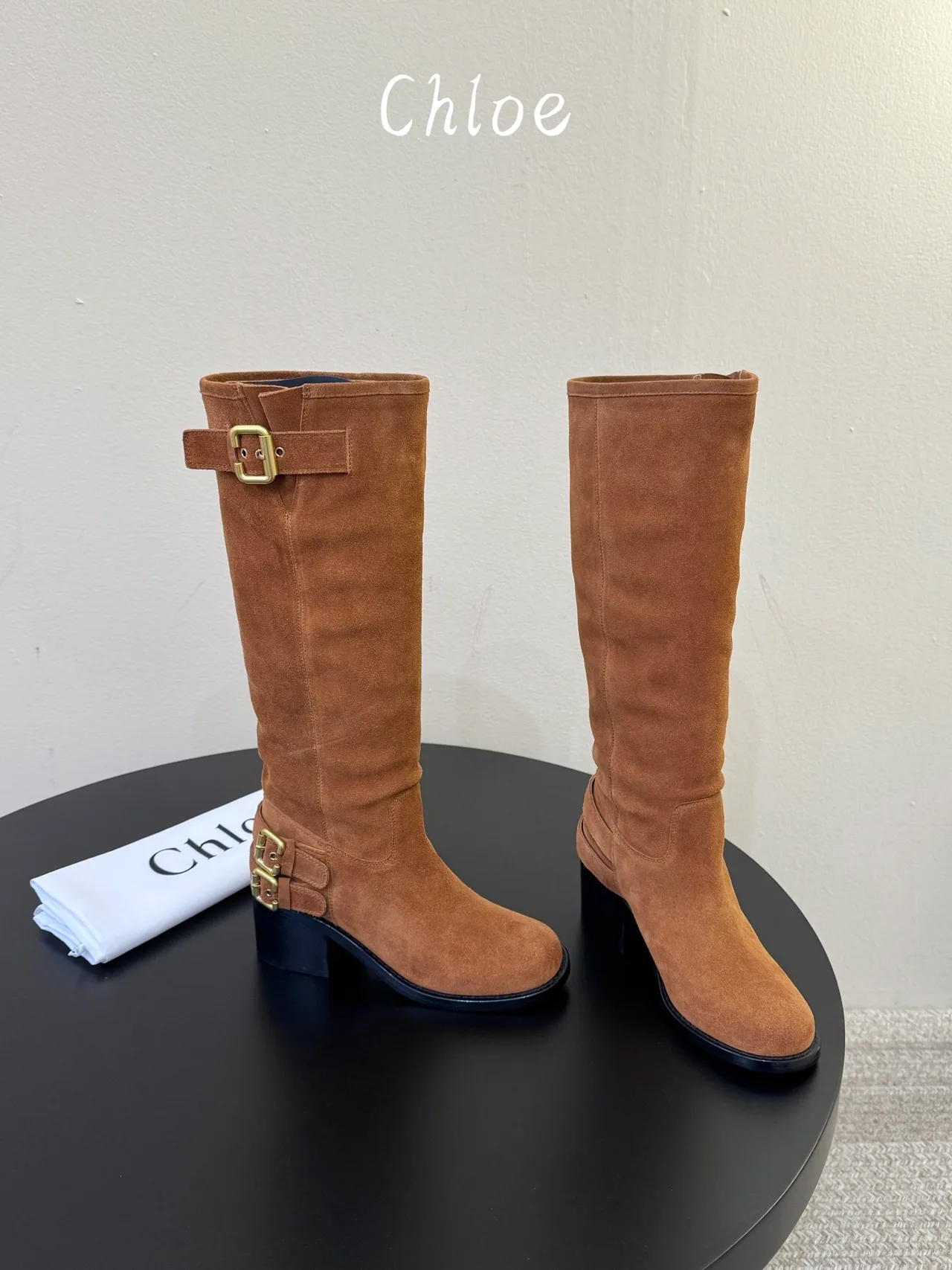 Chloe Cowhide Suede-Look Round-Toe Buckle Knee-High Boots in Brown · view 4