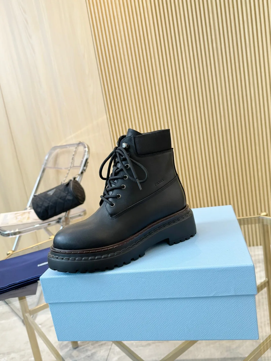 Prada Lace-Up Ankle Boots in Black · view 3