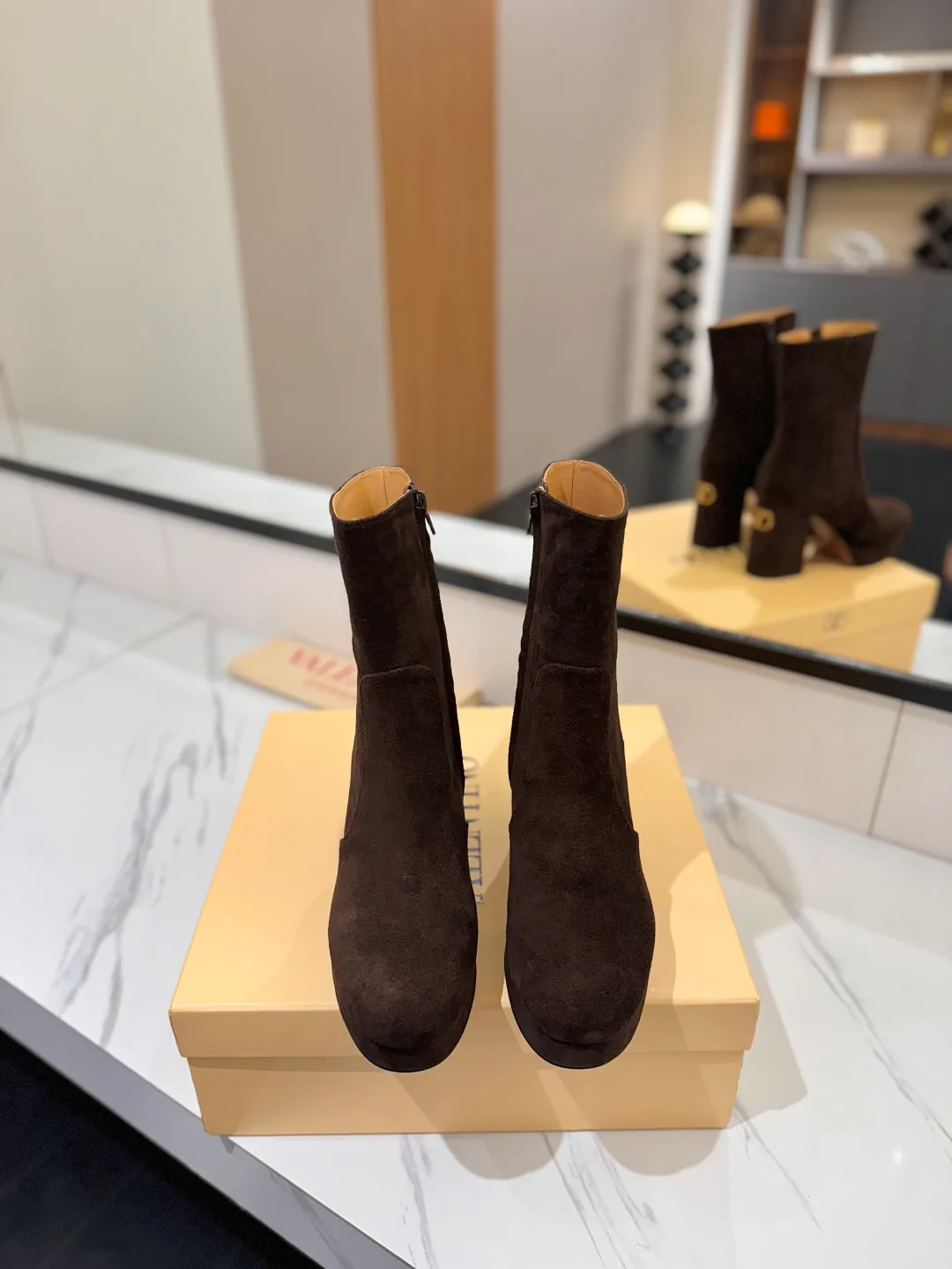 Valentino Cowhide Suede-Look Round-Toe Ankle Boots in Brown · view 3