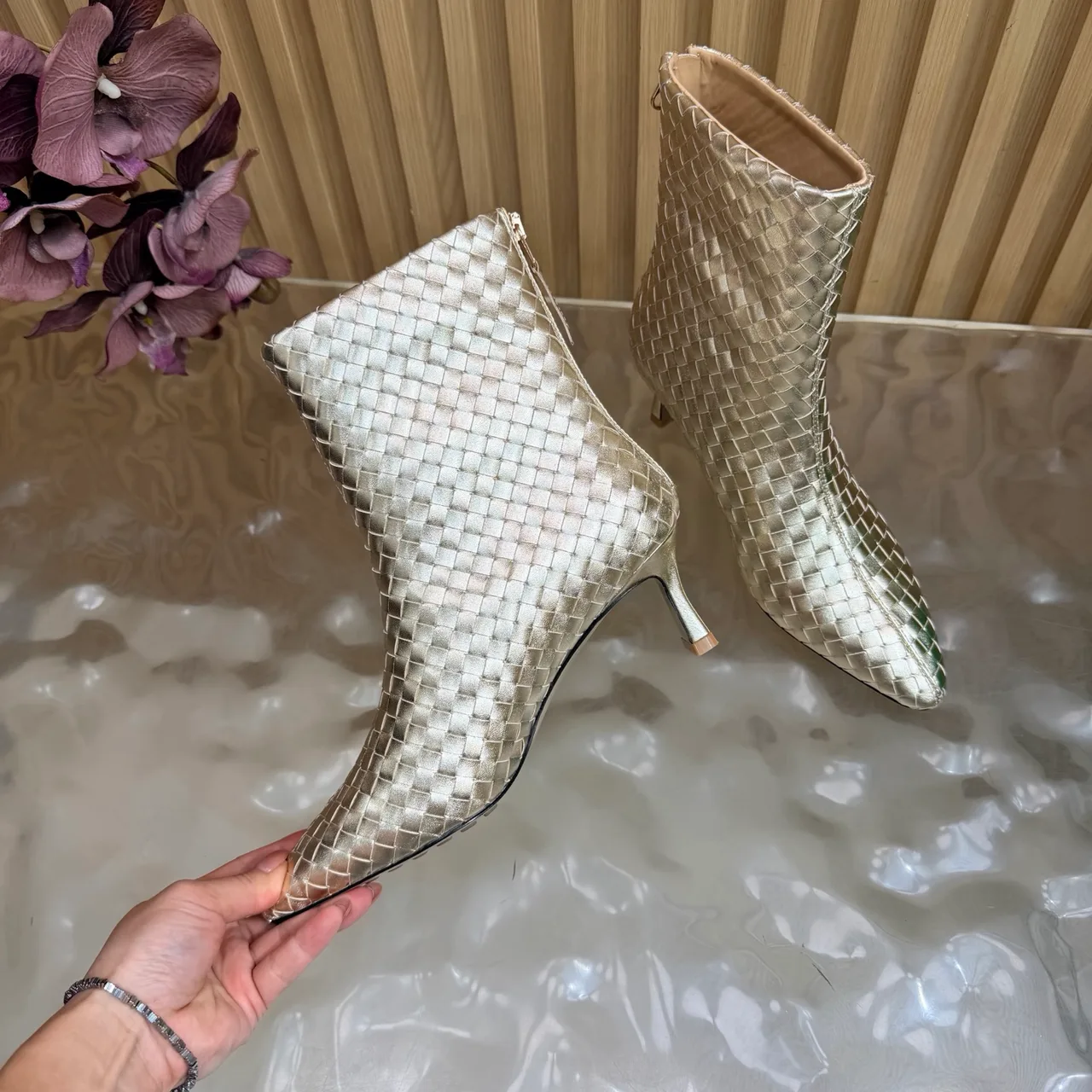 Bottega Veneta Woven Pointed-Toe Ankle Boots in Gold · view 8