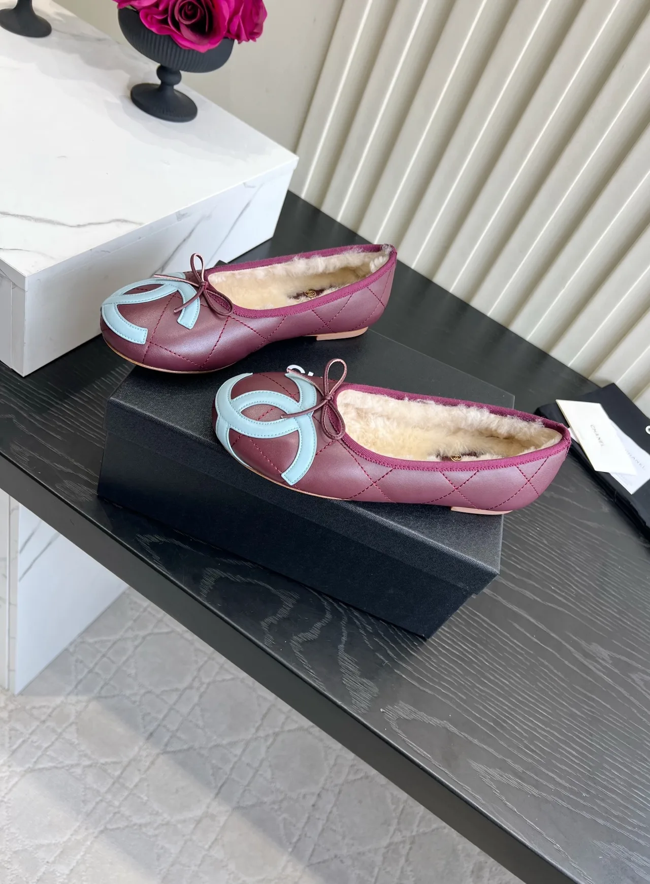 Chanel Sheepskin Quilted Bow Fur-Lined Ballet Flats in Burgundy · view 2