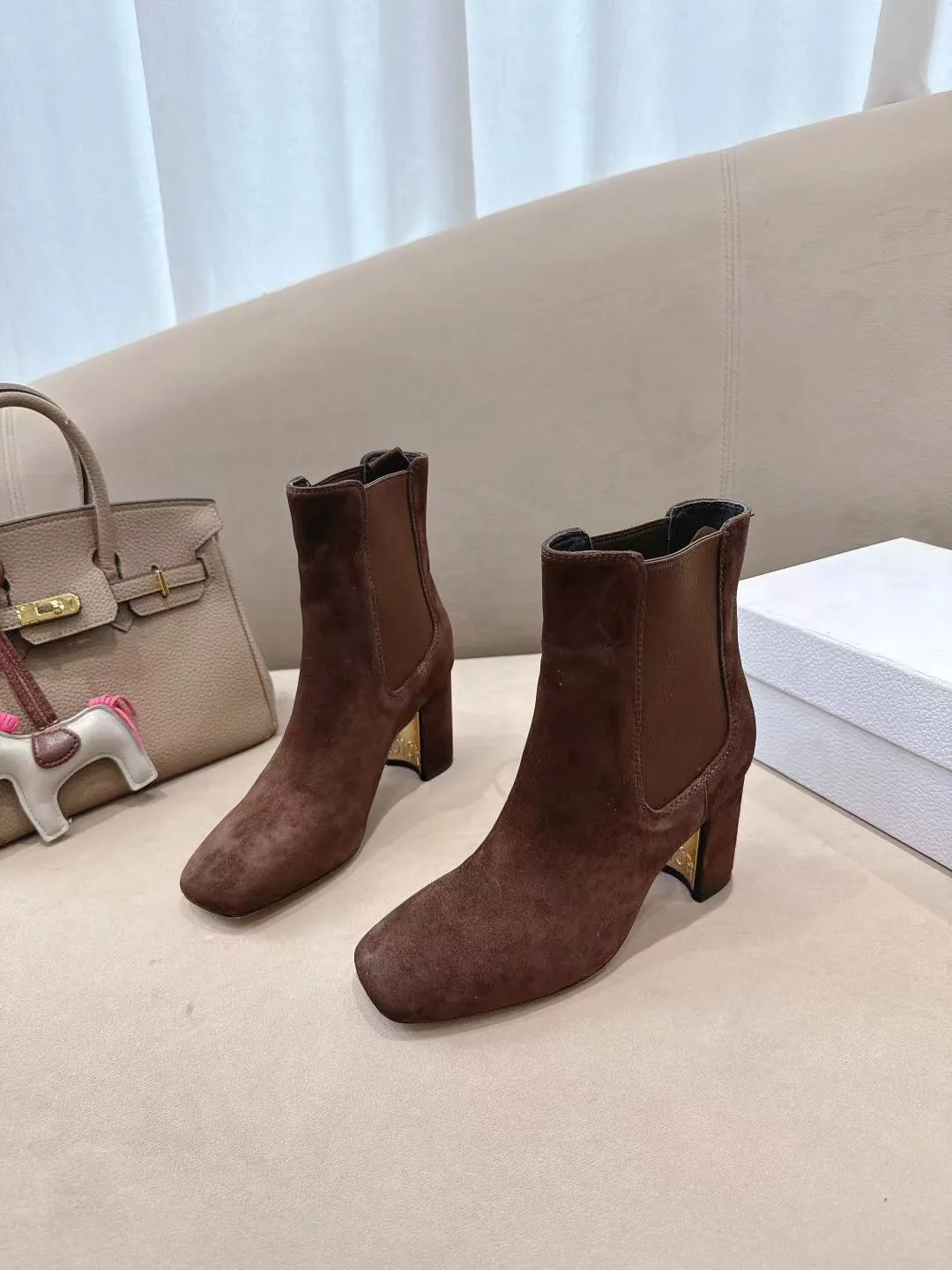 Dior Suede-Look Square-Toe Ankle Boots in Brown · view 3