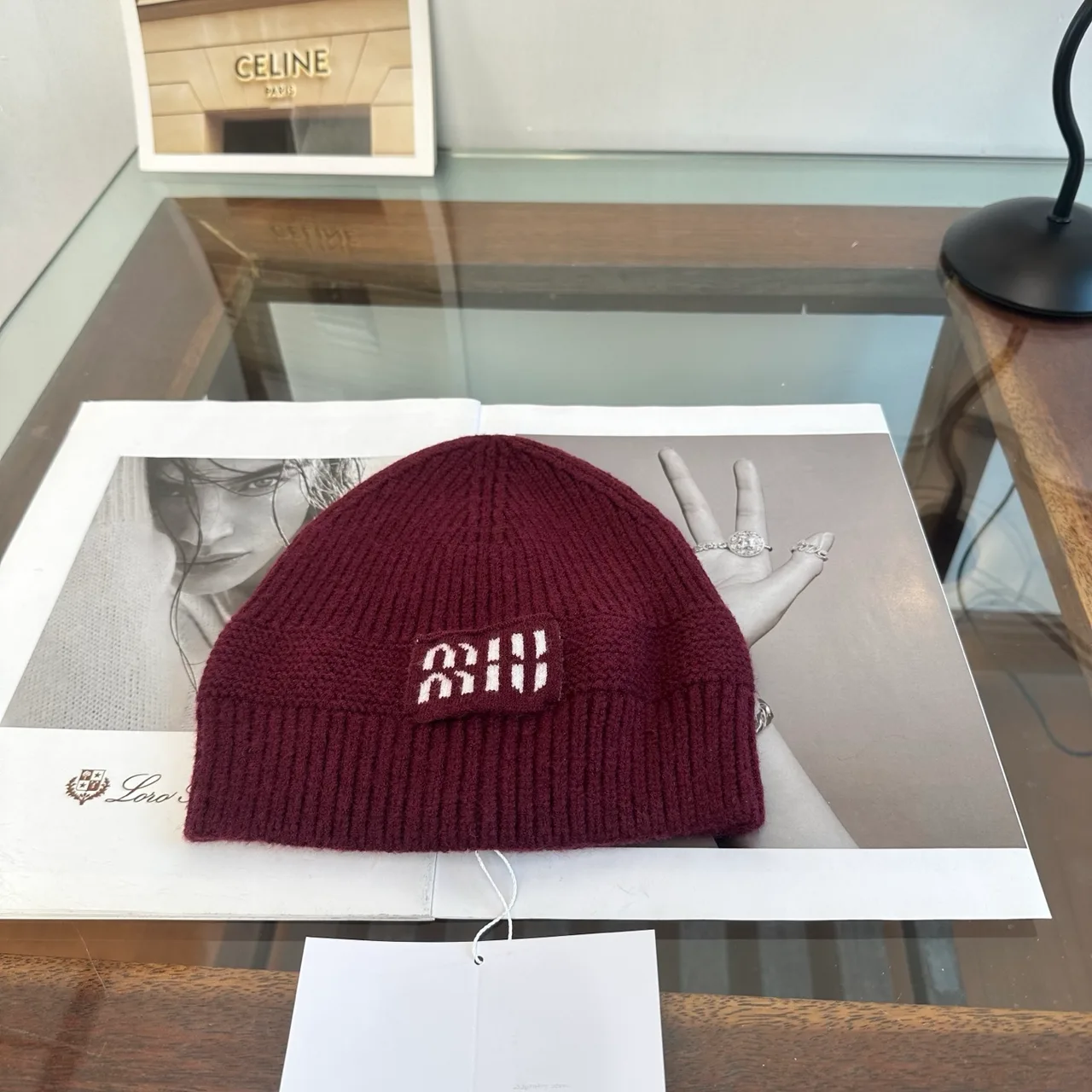 Miu Miu Beanie in Burgundy & Black & Grey & Tan & White · view 1