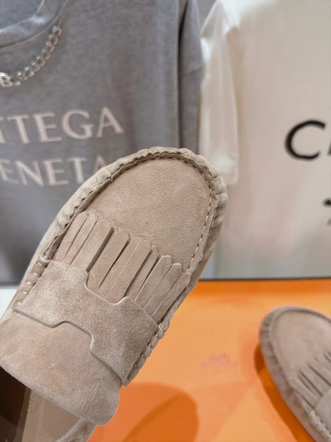 Celine Suede-Look Round-Toe Fringed Loafers in Beige · view 7