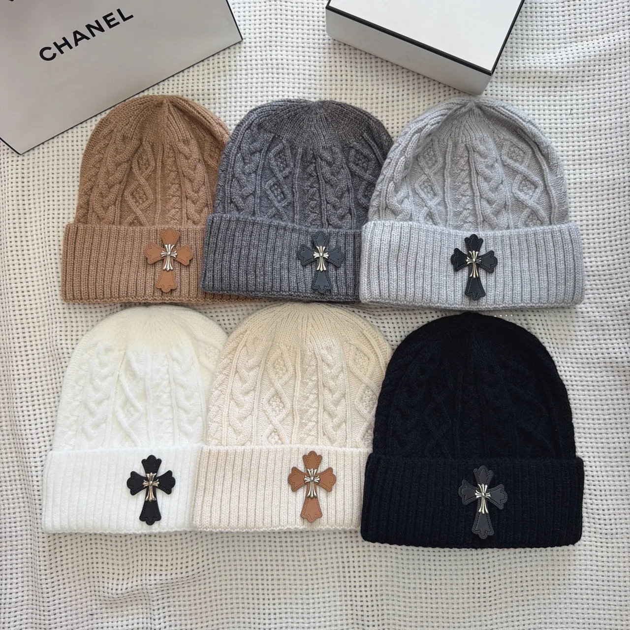 Chrome Hearts Cross-patch knit beanie in Black & White & Cream & Grey & Tan · view 6