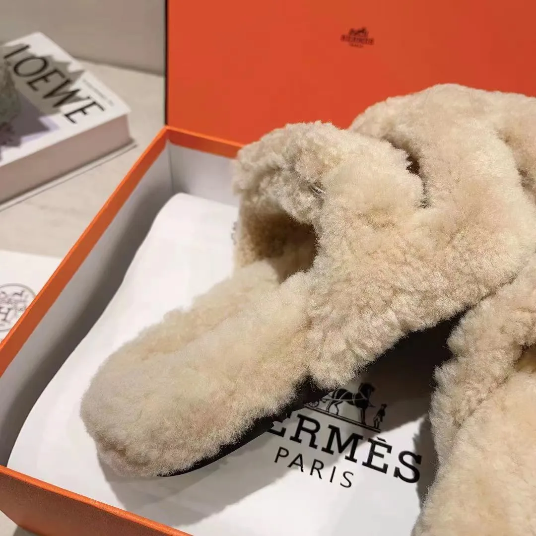 Hermes Sheepskin Chypre Shearling Slides in White · view 8