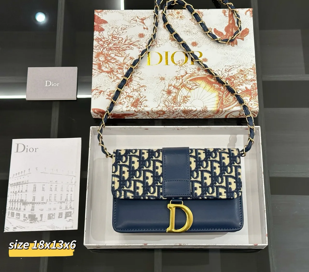 Dior Saddle-Style Chain Wallet in White / Black / Grey / Blue · view 4