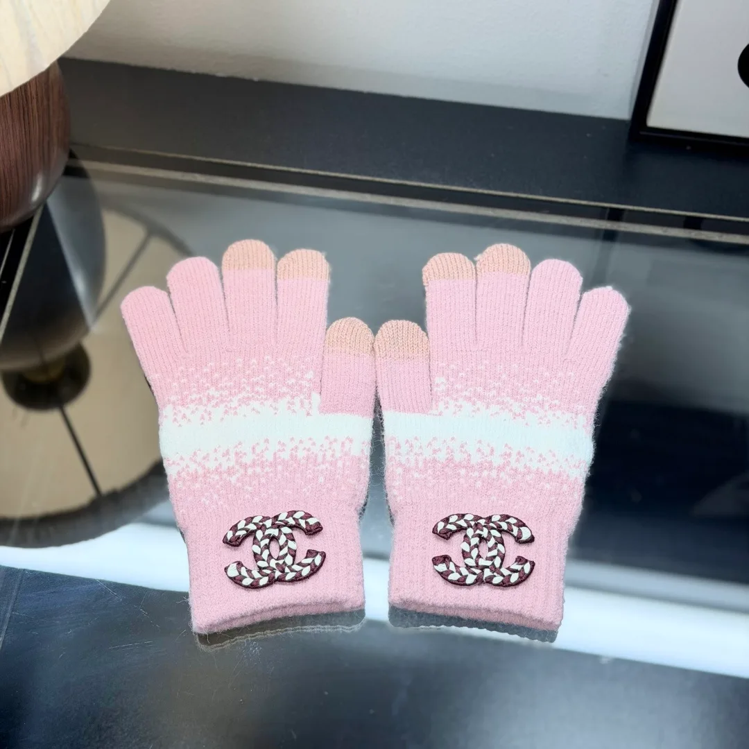 Chanel Ribbed Embroidered Beanie, Scarf and Gloves Set in Pink · view 7