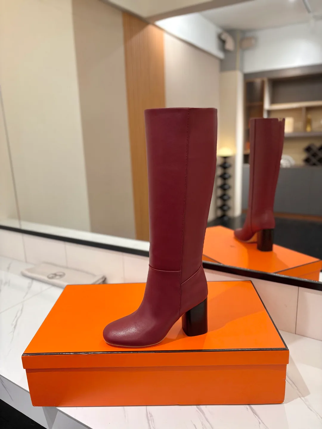Hermes Cowhide Knee-High Boots in Burgundy · view 4