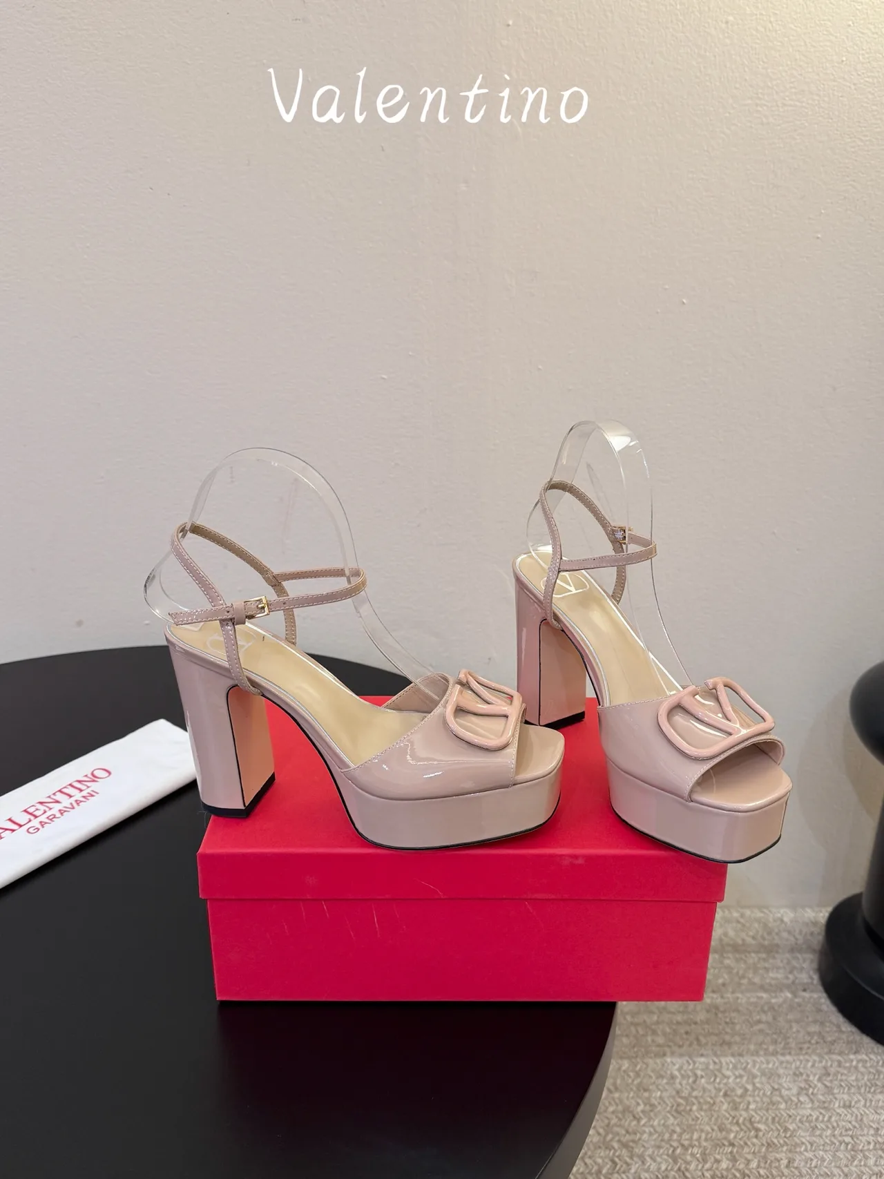 Valentino Patent Leather Square-Toe VLogo Platform Sandals in Pink · view 4
