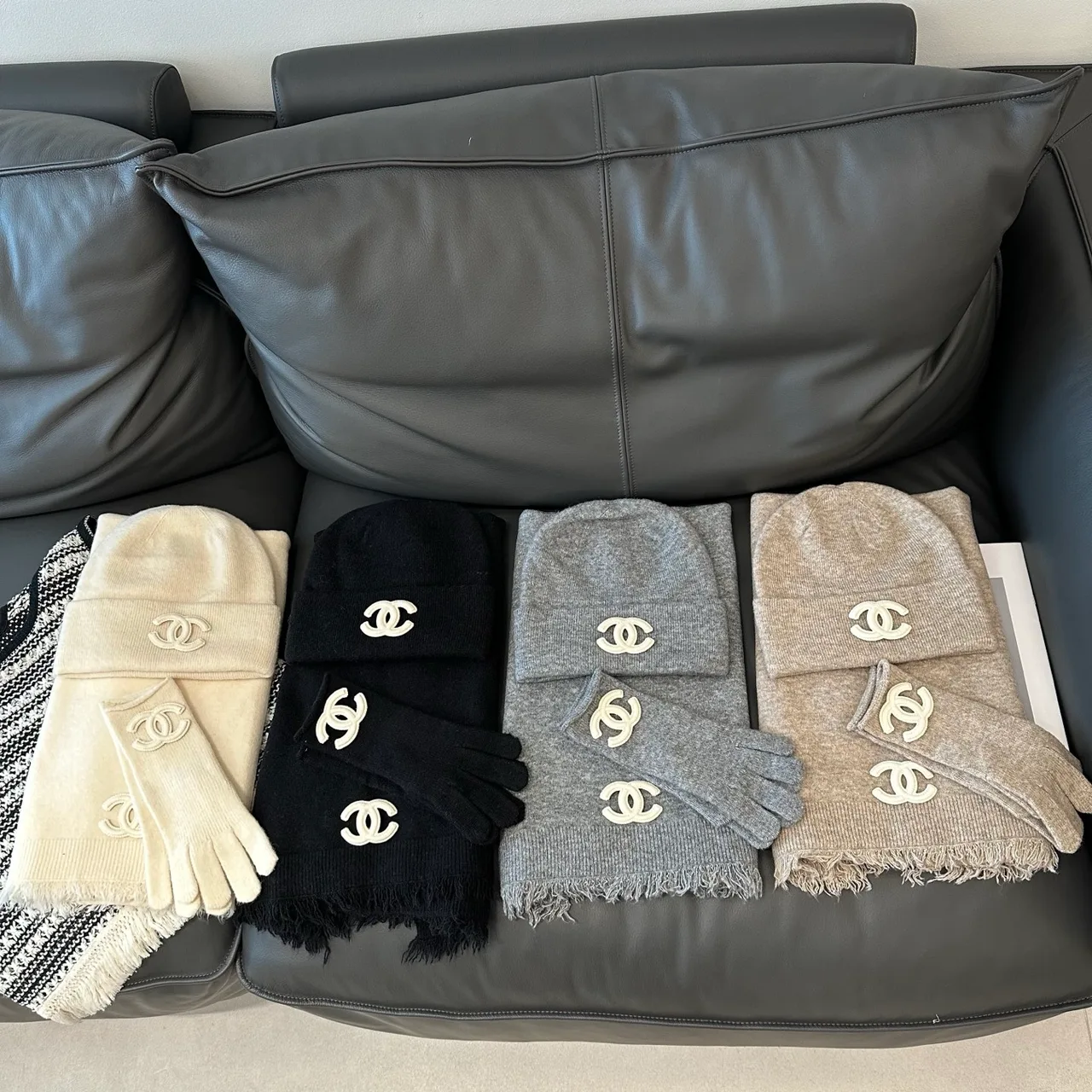 Chanel Hat Scarf and Gloves Set in White & Black & Grey & Beige · view 7