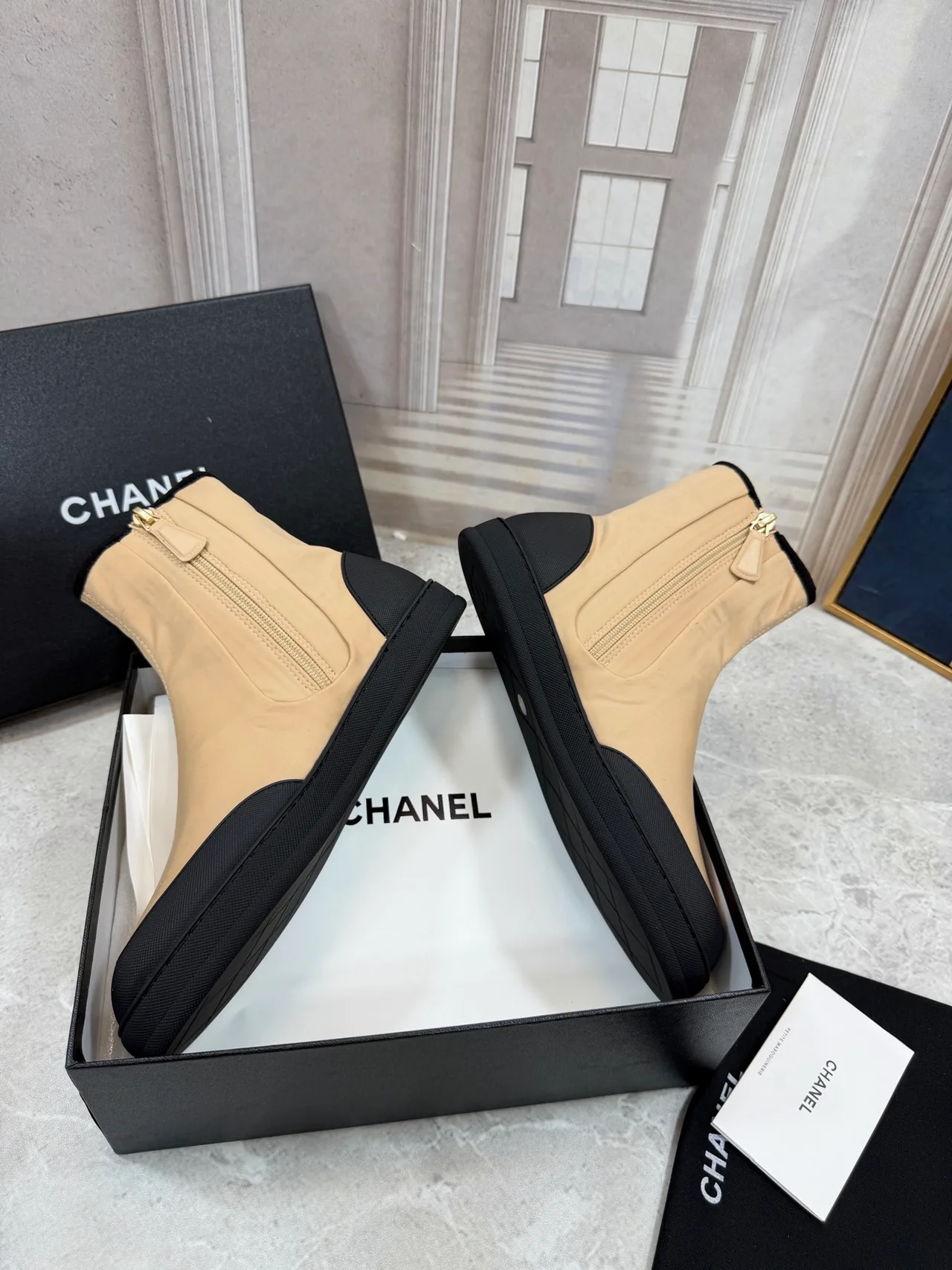 Chanel Cowhide Glossy Ankle Boots in Beige · view 2