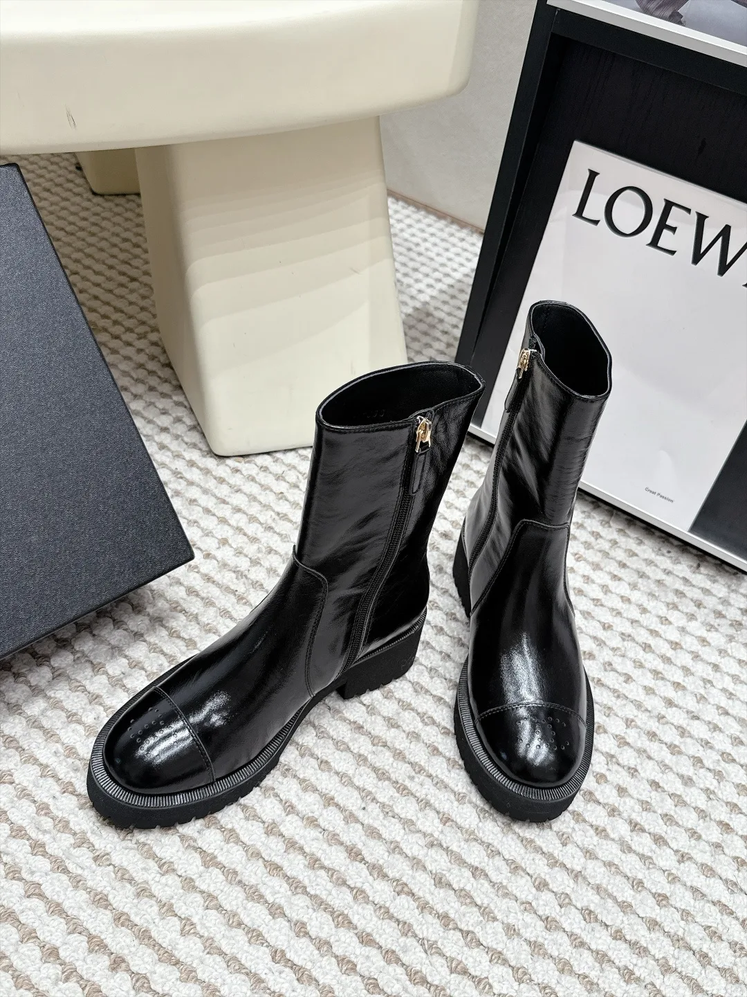 Loewe Cowhide Glossy Round-Toe Ankle Boots in Black · view 4