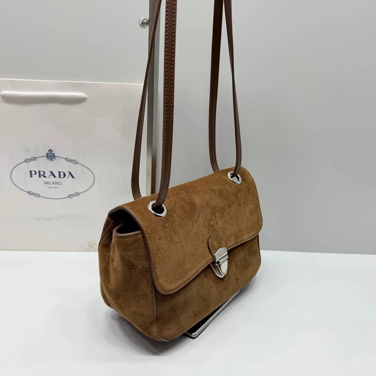 Prada Suede Flap Shoulder Bag in Brown · view 4