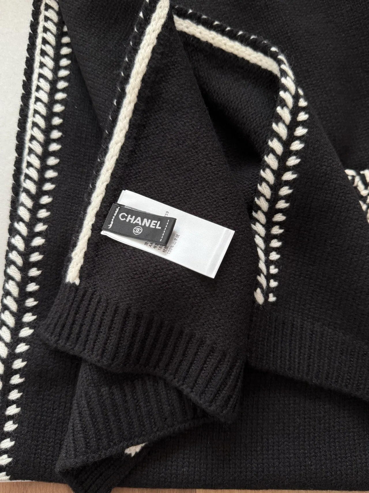Chanel Contrast-Stitch Fringed Scarf in Black & White · view 8