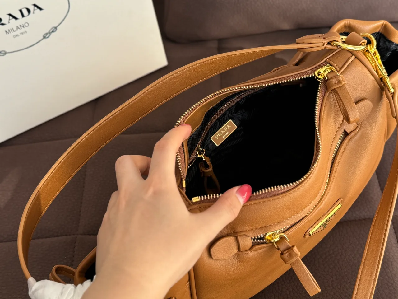 Prada Ribbed Hobo Bag in Tan · view 8