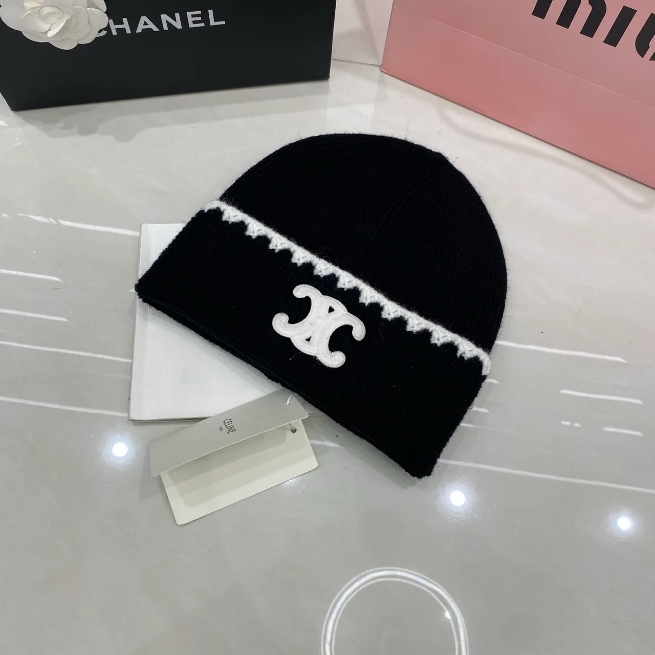 Chanel Knit Beanie in Black & Cream & Grey & Tan · view 1