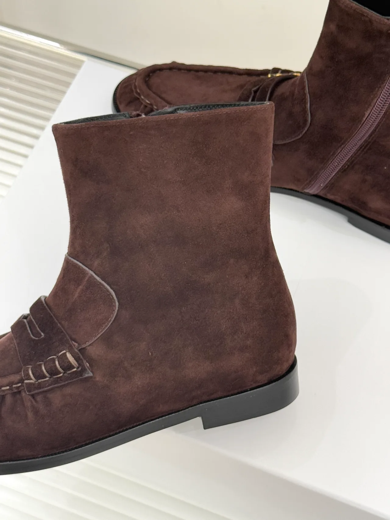 Saint Laurent Suede-Look Round-Toe Ankle Boots in Brown · view 6