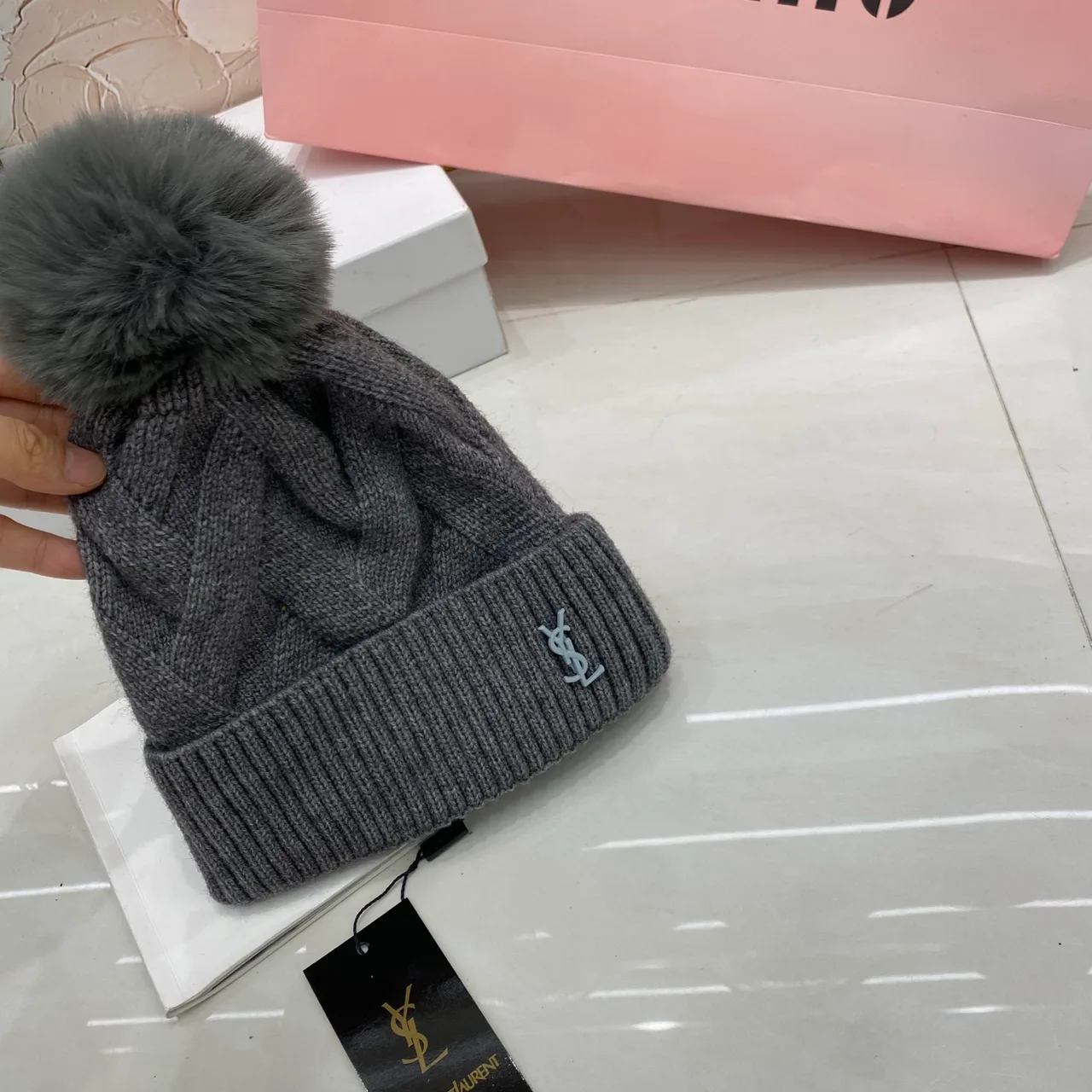 Saint Laurent Cable Pom Beanie in Black & White & Beige & Brown & Pink & Grey & Red · view 6