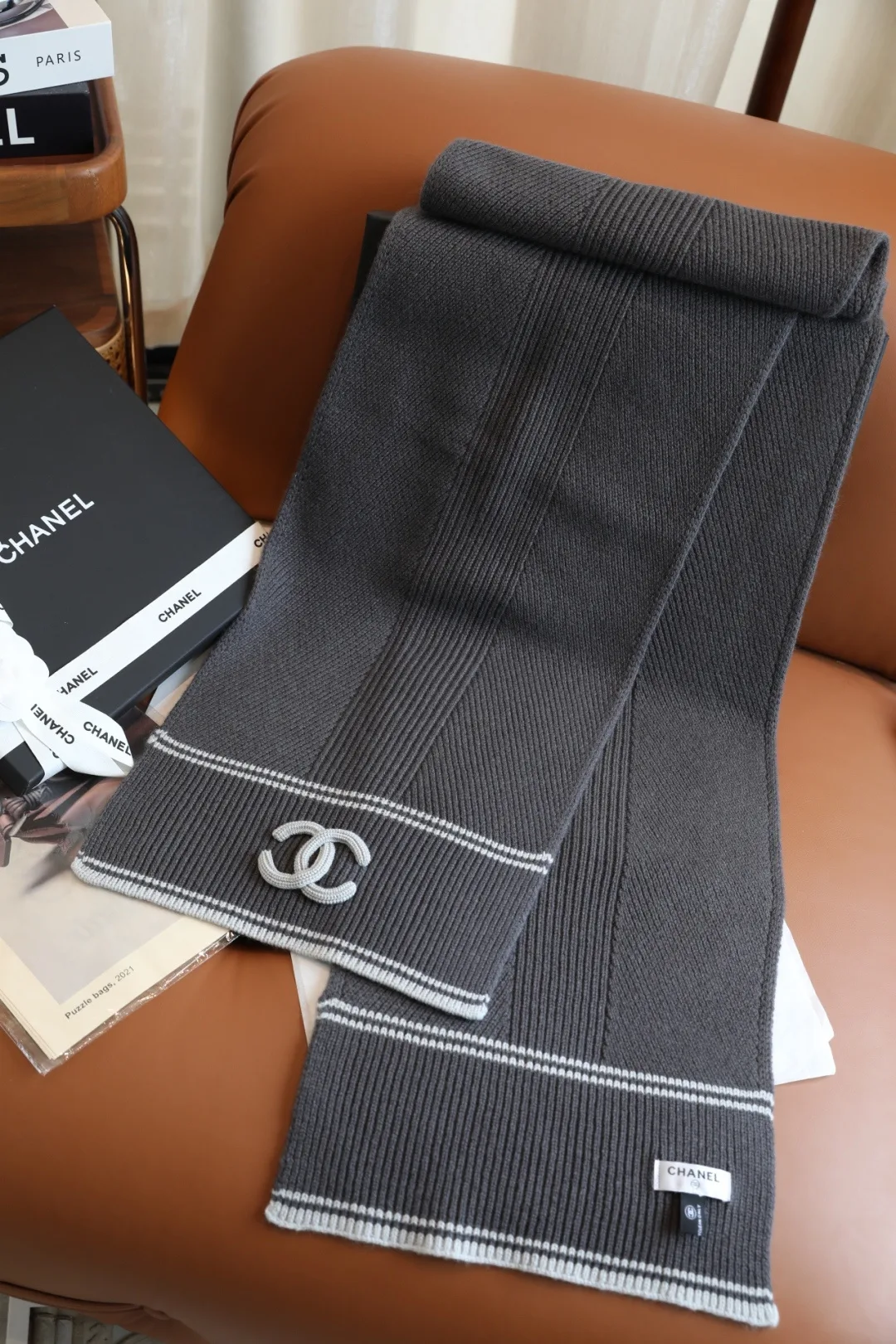 Chanel Wool Cashmere Striped Scarf in Grey · view 6