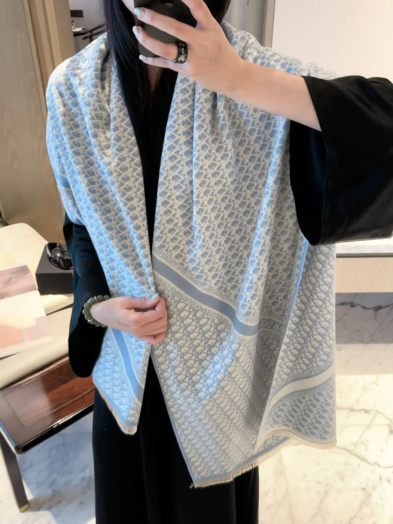 Dior Patterned Scarf in Blue & Grey & Pink · view 5