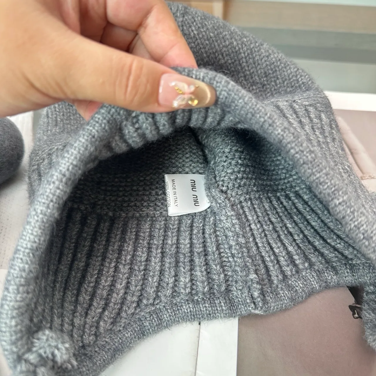 Miu Miu Earflap Beanie in Cream & Grey & Black · view 6