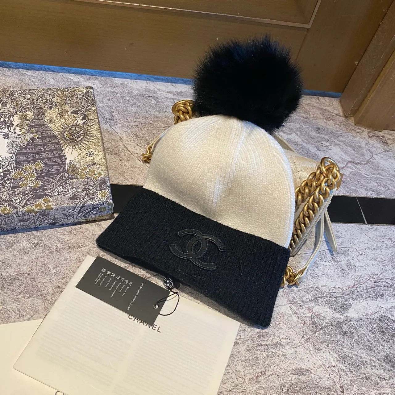 Chanel Pom-Pom Beanie in White & Black & Tan · view 5