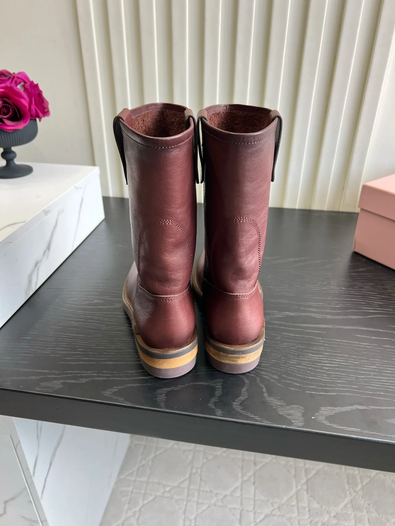 Miu Miu Cowhide Smooth Round-Toe Mid-Calf Boots in Burgundy · view 4