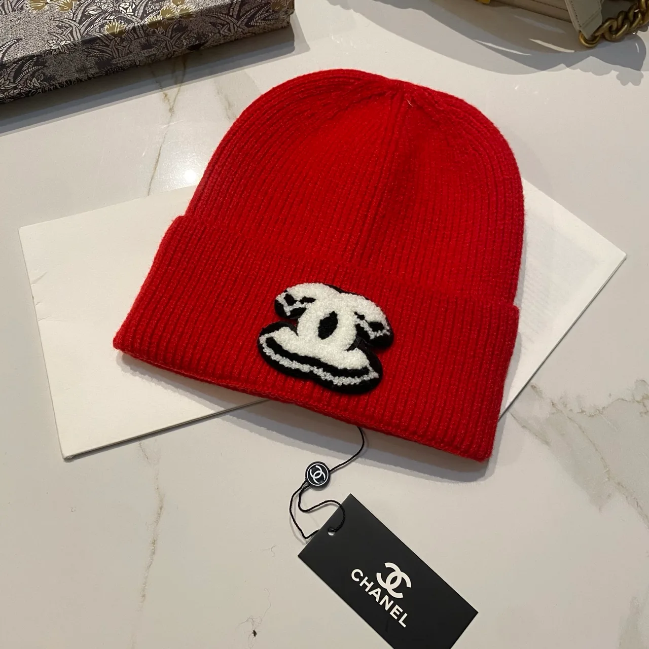 Chanel CC knit beanie in Black / White / Red / Grey / Beige / Tan · view 3