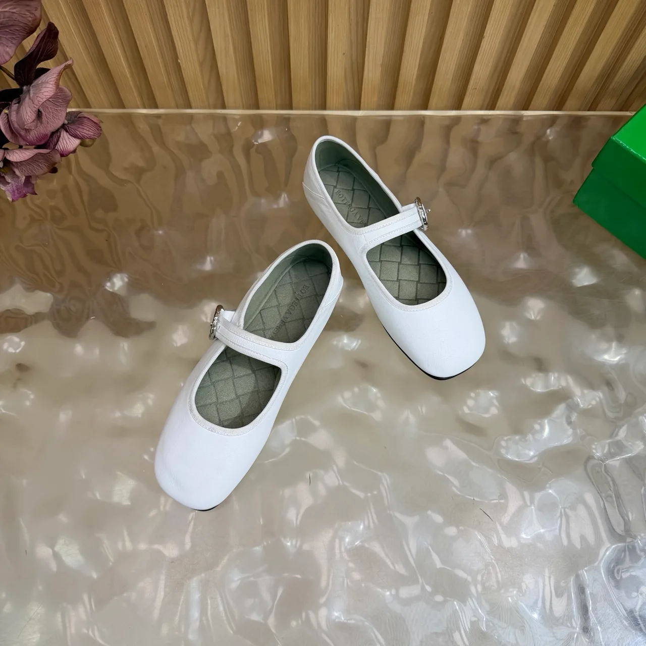Bottega Veneta Sheepskin Quilted Glossy Square-Toe Buckle Mary Jane Flats in White · view 5