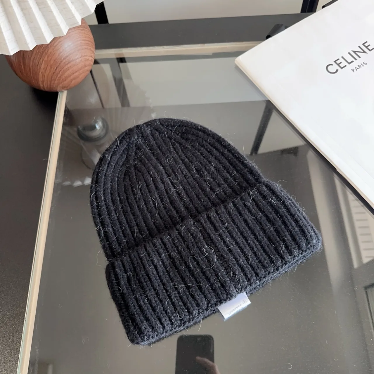Celine Ribbed Beanie in Black · view 7