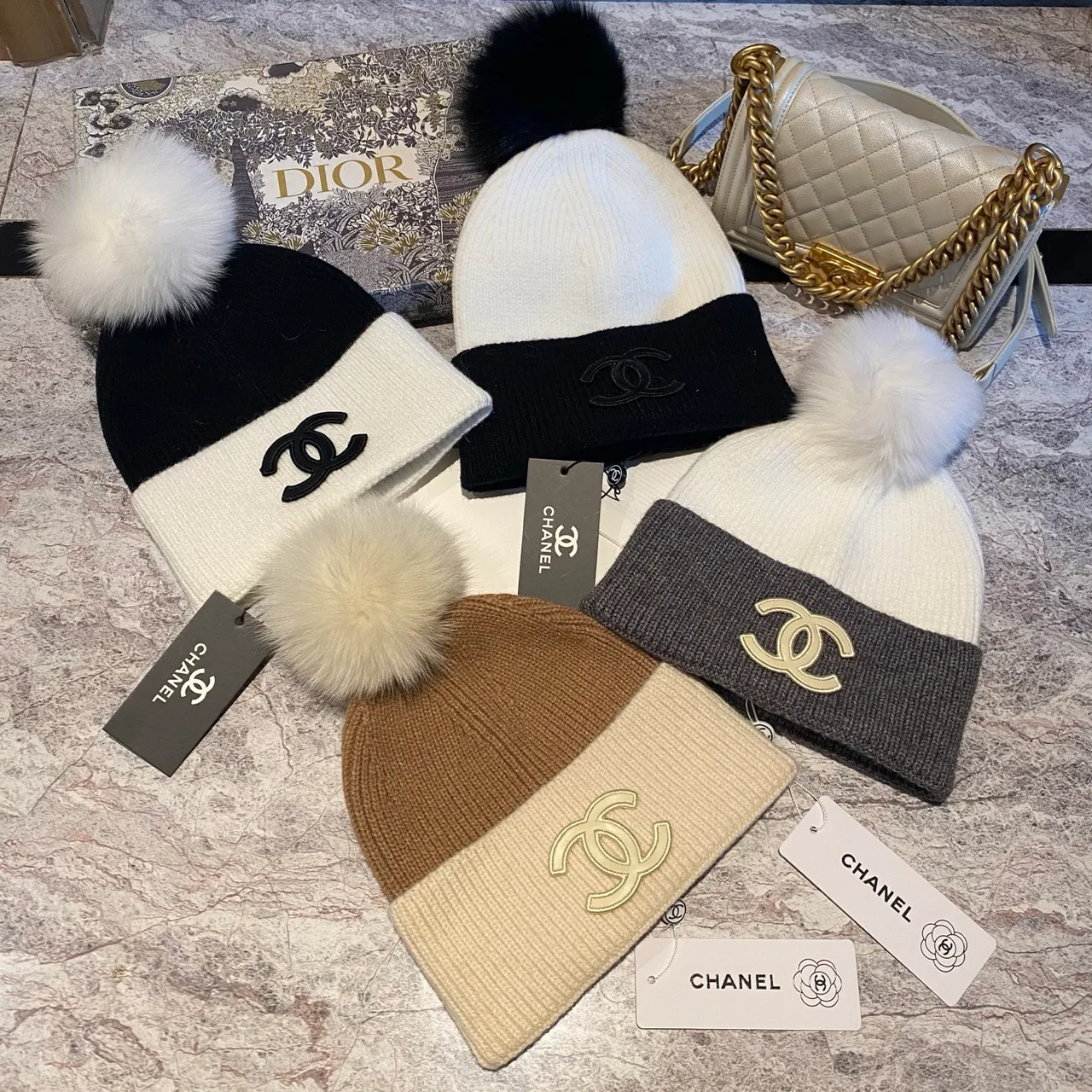 Chanel Pom-Pom Beanie in White & Black & Tan · view 8