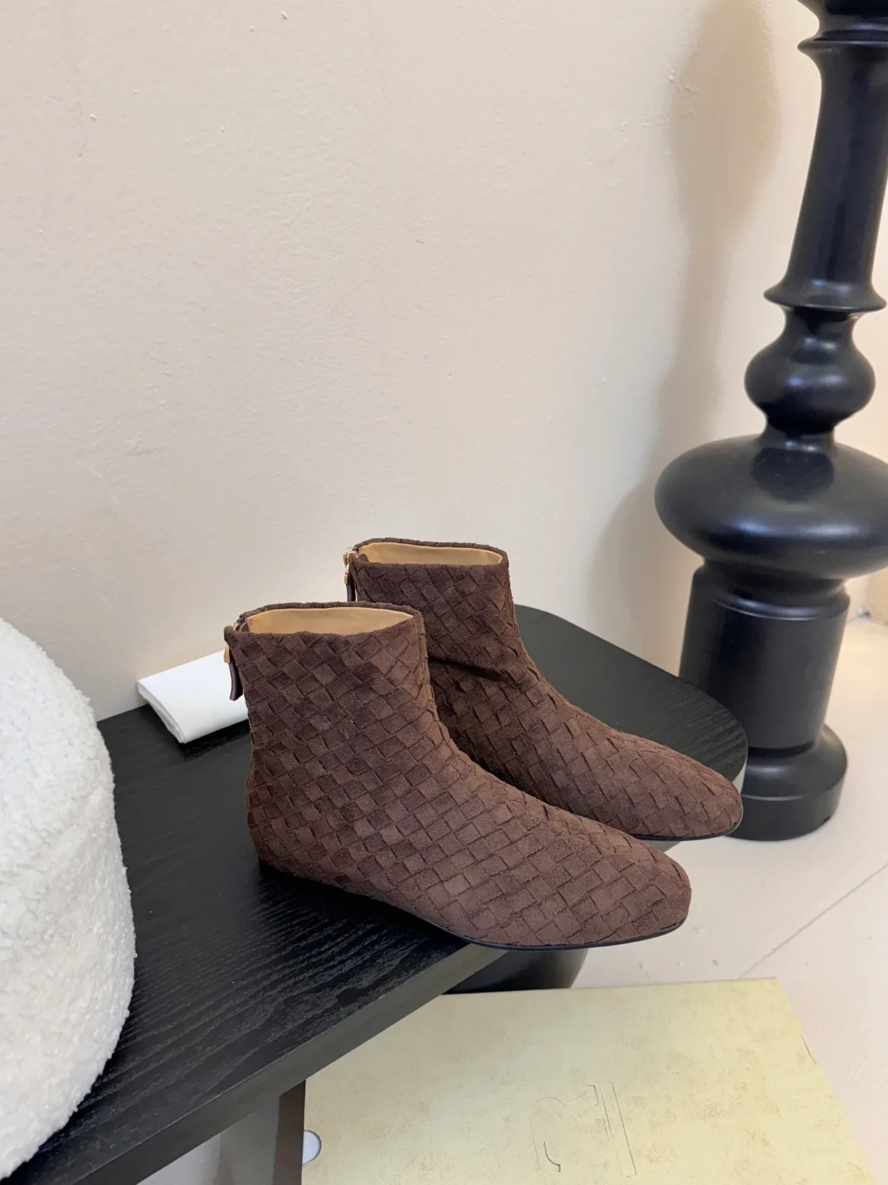 Quilted Lace-Up Woven Ankle Boots in Brown · view 2