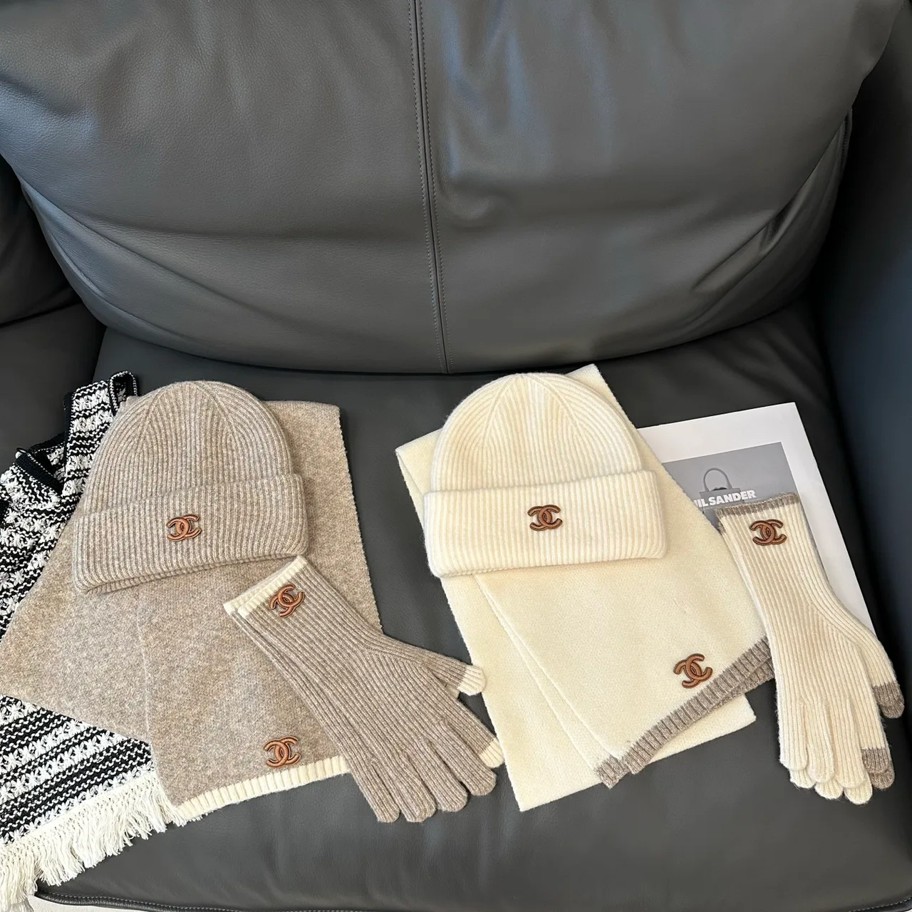 Chanel Hat Scarf and Gloves Set in Beige & Black & Burgundy & White · view 7