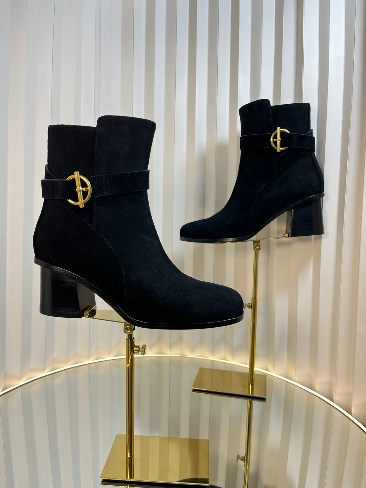 Calfskin D-Buckle Suede-Look Ankle Boots in Black · view 6