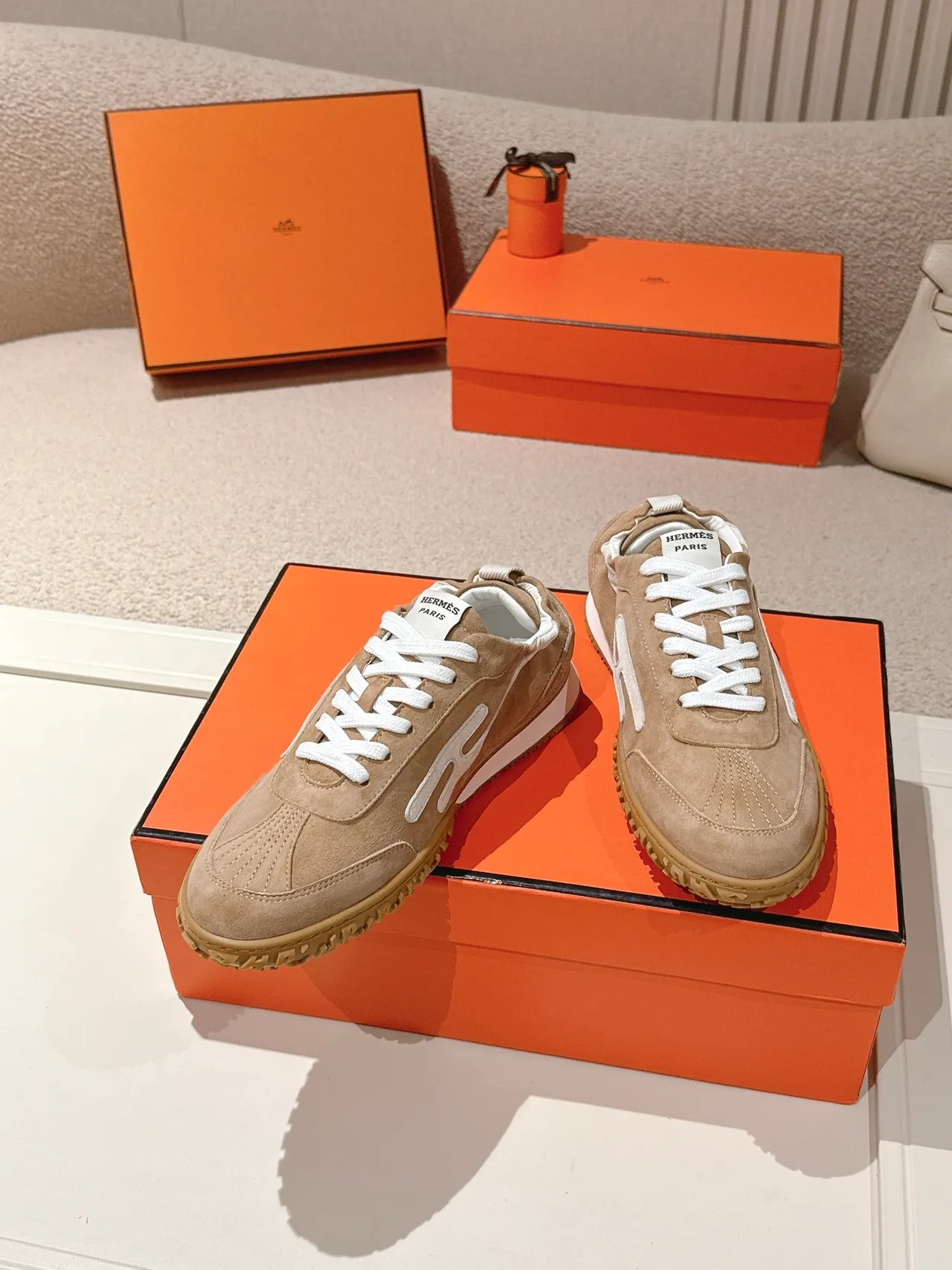 Hermes Sheepskin Suede Sneakers in Tan · view 3