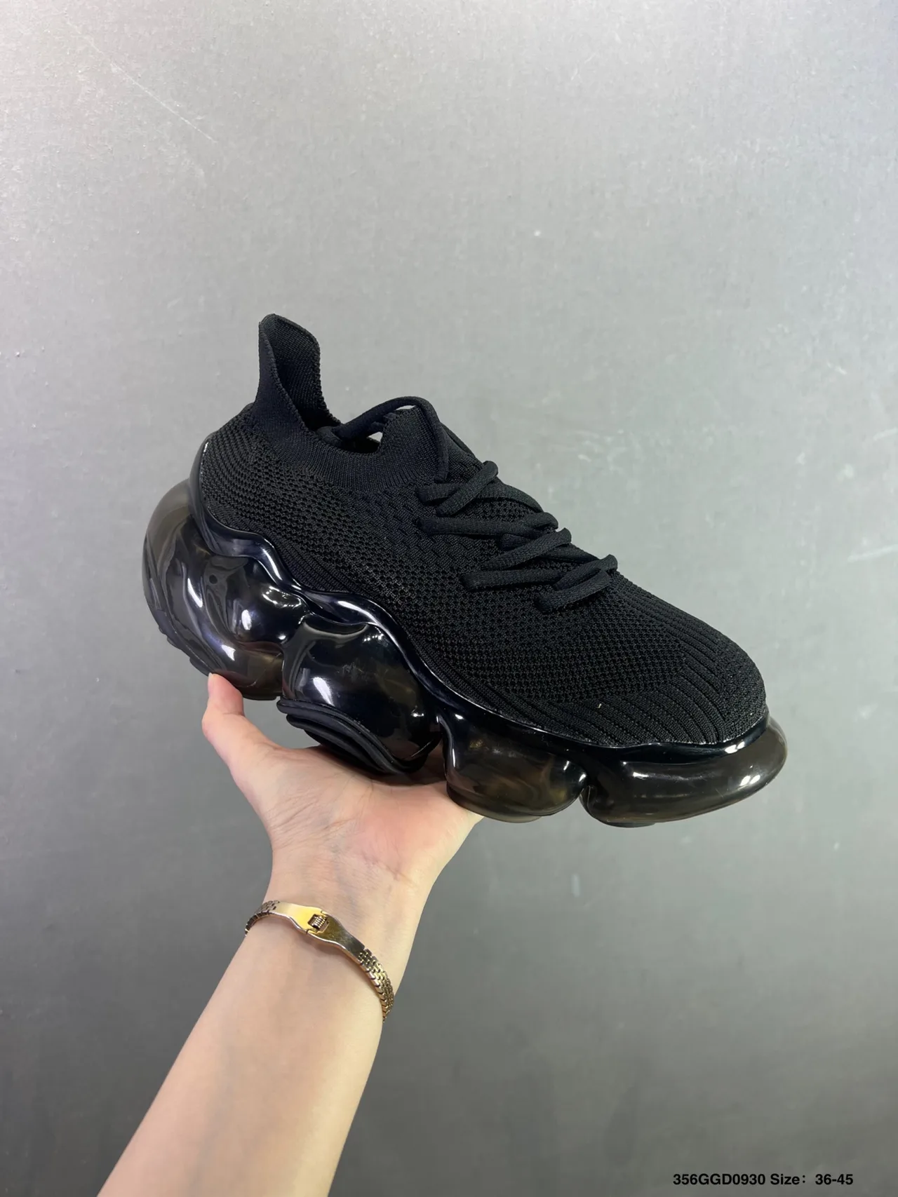 Glossy Air-Sole Knit Sneakers in Black · view 2