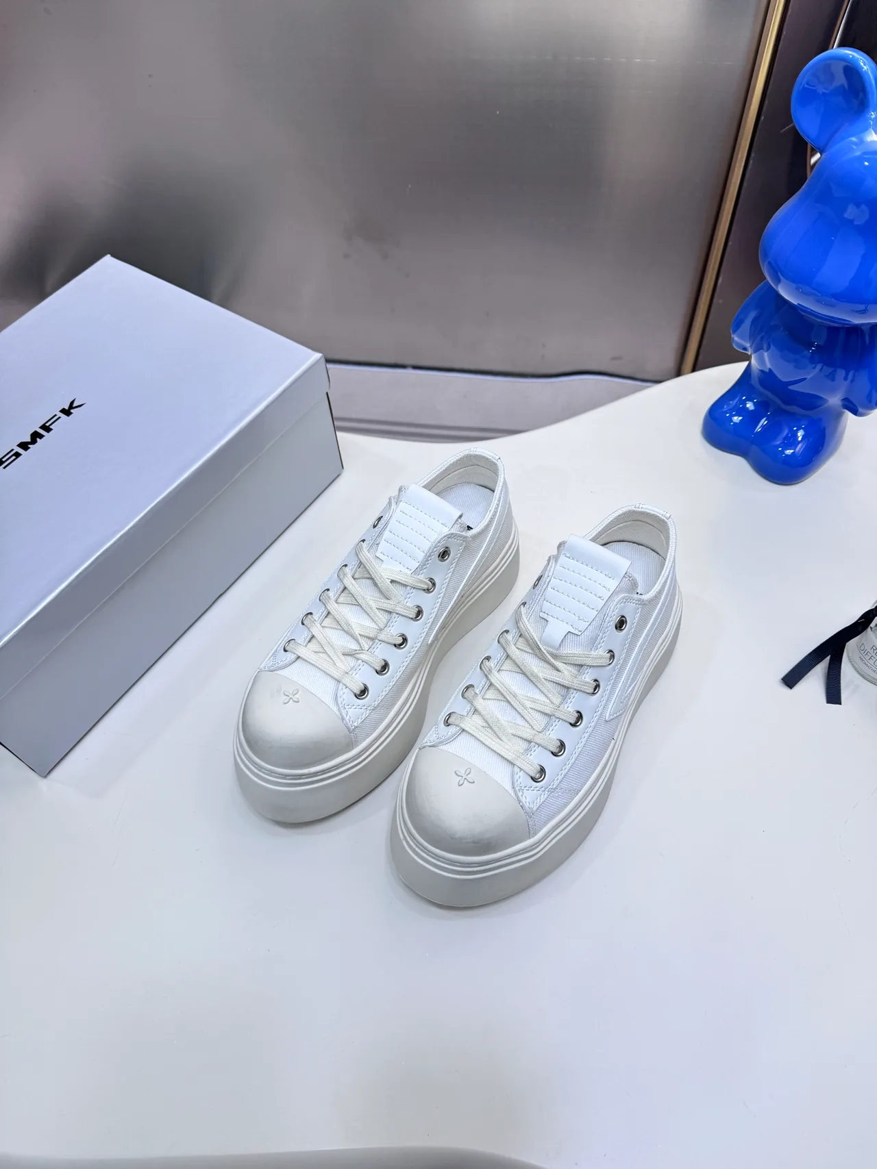 SMFK Cowhide Canvas Glossy Platform Sneakers in White · view 2