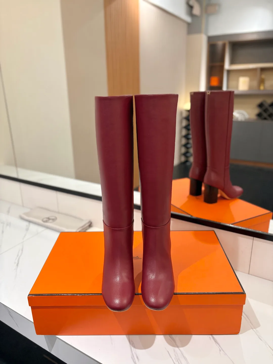 Hermes Cowhide Knee-High Boots in Burgundy · view 3